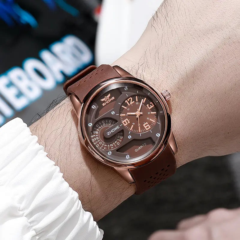 ZHOWE Men's Luxury Quartz Analog Watch – Stylish Brown Silicone Strap | Waterproof Casual Wristwatch