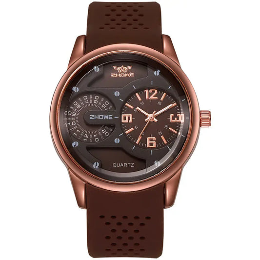 ZHOWE Men's Luxury Quartz Analog Watch – Stylish Brown Silicone Strap | Waterproof Casual Wristwatch